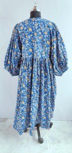 Vintage Blue Yellow Floral Block Print Cotton Midi <b>Dress</b> with Puff Sleeves Tie-Neck <b>Loose</b> Fit Casual Summer <b>Dress</b> For Women - Product Image 3