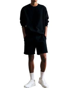 Noir chiné Bland manches longues côtelé sweat T-Shirt support épaule tombante coupe ample veste d'hiver en coton Polyester - Product Image 1