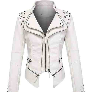 Chaqueta de Moto de Cuero PU Blanca para Mujer, Cuello Alto, Manga Larga, Decoración con Remaches, Cierre de Cremallera, Color Sólido, Estilo Biker, Ropa de Otoño - Product Image 1