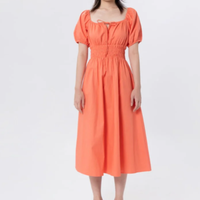 Robe midi évasée à manches bouffantes, style vintage doux, col carré, taille élastique, décontractée, en coton tissé, couleur unie, respirante, pour l'été