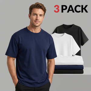 T-shirt à manches courtes pour homme, 100% coton, lot de 3, couleur unie, col rond, coupe classique, respirant, jersey tricoté, écologique - Product Image 1