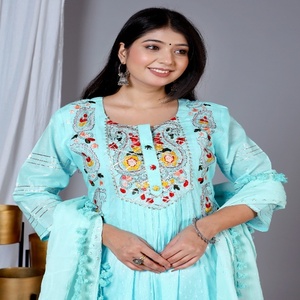 Elegante Conjunto de Kurta Anarkali de Algodón Azul Agua con Bordado Intrincado y Dupatta para Bodas, Playa, Festividades, Estilo Étnico - Product Image 3