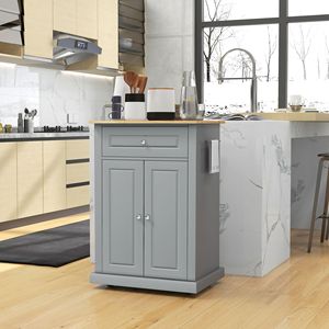 Carrello da Cucina Moderno Grigio, Isola Portatile con Cassetto Resistente, Ripiano Regolabile, 2 Portasciugamani in Legno, Vetro e MDF - Product Image 2
