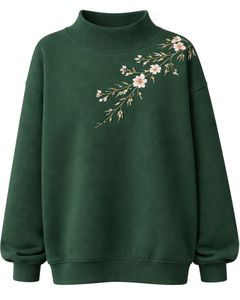 เสื้อสเวตเชิ้ตผ้าฟลีซสีเขียวแบบโอเวอร์ไซส์สำหรับผู้หญิง คอตั้ง ปักลายดอกไม้ สวมใส่สบาย อุ่นสบาย เหมาะสำหรับฤดูหนาว สไตล์สตรีทแวร์ ทรงหลวม - Product Image 1