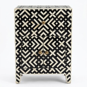 Table de chevet indienne géométrique en os incrusté, noir et blanc, avec 3 tiroirs, commode de luxe moderne pour chambre à coucher, vente en gros - Product Image 4