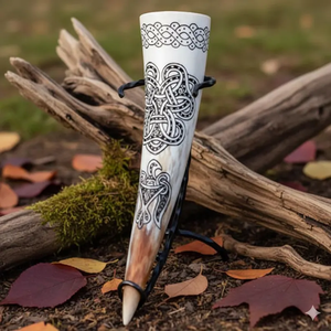 Corne à boire viking en corne de bœuf, unique et fabriquée à la main avec support en fer, design viking - Product Image 1