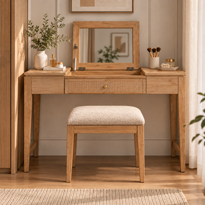 Modern Solid Oak Wood Dressing Table With <b>Mirror</b> Vanity <b>Desk</b> Bedroom Makeup Storage Drawer Wooden Furniture Natural Finish - Product Image 2