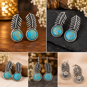 Direct Wholesale Trendy Antique <b>Silver</b> Plated Stainless Steel Plant Design Bezel Setting <b>Stud</b> <b>Earrings</b> Turquoise Stone Women's - Product Image 2