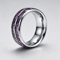 Bague classique en carbure de tungstène noir avec incrustation double rangée d'opale violette, design confortable pour homme et femme, idéale pour les mariages