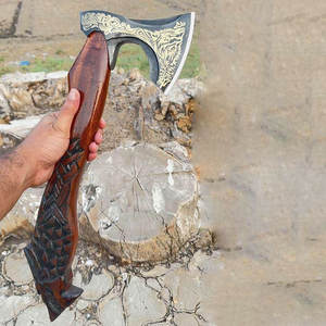 Handcrafted Industrial Grade Viking <b>Axe</b> Carbon Steel Blade Engraved Head Leather Binding <b>Wooden</b> for Outdoor Camping Survival Use - Product Image 1