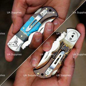 มีดพับทำมือจากทองแดงดามัสกัส ลายเฉพาะตัว ใบมีดแบบคลิปพอยต์ ดีไซน์หรูหรา พกพาสะดวก ด้ามไม้ประดับอัญมณี คุณภาพพรีเมียม - Product Image 6