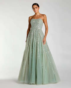 Champagne Strapless Beaded Mermaid <b>Ball</b> <b>Gown</b> Floor-Length Elegant Dress Built-in Bra Anti-Wrinkle Floral Pattern 100% Polyester - Product Image 5