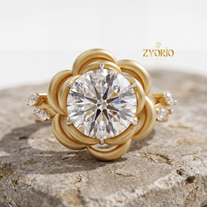 Bague de fiançailles et de mariage de luxe en or jaune, motif fleur de rose, diamant taillé, diamant de laboratoire, clarté VVS2, 1 carat, cadeau - Product Image 2