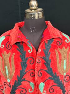 Vintage Red Suzani Embroidered <b>Velvet</b> Jacket Floral Boho <b>Coat</b> Kashmiri Handmade Open Front Cardigan <b>Women</b> Winter Jacket - Product Image 2