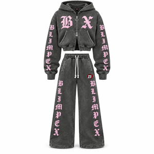 Conjunto de Sudadera Corta con Cremallera y Pantalones Anchos para Mujer, Estilo Gótico, Lavado Mineral, Directo de Fábrica Blimpex INT - Product Image 1