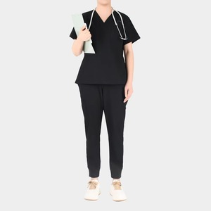 Conjunto de uniforme médico con cuello en V para mujer, negro, de algodón y poliéster, con estetoscopio, para personal médico. - Product Image 1