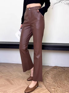 Pantalones de cuero genuino para mujer, pantalones elásticos con cintura elástica, ajustados hasta el tobillo, pantalones acampanados elegantes de piel de oveja para oficina, M-4XL - Product Image 6