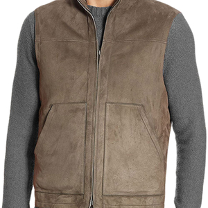 Men's Brown Genuine Leather Vest Zip Up Stand Collar Sleeveless <b>Waistcoat</b> - Product Image 4