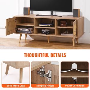 Metà del secolo moderno 55 pollici TV Stand Boho rovere e Rattan TV Cabinet con ripiani regolabili per soggiorno sala multimediale - Product Image 5