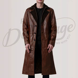 Abrigo de Cuero Marrón Premium para Hombre, Gabardina Clásica Larga de Invierno, Chaqueta de Cuero Genuino con Doble Cuello, Cortavientos - Product Image 1