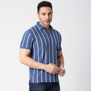 Polo pour homme à rayures verticales bleues et blanches, t-shirt décontracté à manches courtes et col, coton de qualité supérieure - Product Image 2