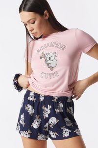 Women's Printed Pink Crop Top With Navy Shorts Set Casual <b>Elastic</b> Waist Knitted Cotton Breathable Regular Fit - Product Image 6