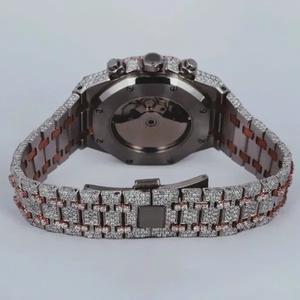 Montre chronographe de luxe style offshore avec diamants Moissanite VVS clairs, accents en or rose bicolore, boîtier en acier inoxydable, mouvement mécanique - Product Image 5