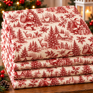 Tissu Toile de Noël Rouge Père Noël Cerf Village d'Hiver Coton Matériel de Couture Festif - Product Image 1