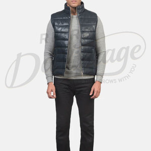 Chaleco Acolchado de Cuero Genuino Azul Marino para Hombre, Premium, Cuello Alto, Cierre de Cremallera, Sin Mangas, Corte Ajustado - Product Image 1