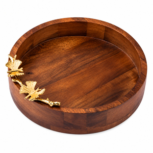 Bol de service en bois avec accents de feuilles et base en étain, en bois de manguier, pour salades et fruits secs, idéal pour les tables d'hôtel et la décoration intérieure - Product Image 2