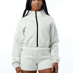 Conjunto de Sudadera Corta con Capucha y Pantalones Cortos de Algodón Casual para Mujer, con Logo Personalizado, Efecto Desgastado por el Sol, Venta al por Mayor - Product Image 1