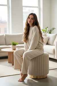 Customised Nordic Round Wood Base Velvet Upholstery Modern Soft Multi-Purpose <b>Stool</b> for Bedroom Living Room & Apartment Use - Product Image 2