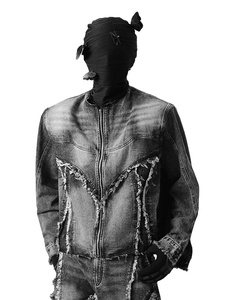 เสื้อแจ็กเก็ตผ้ายีนส์แนวสตรีทแวร์ของผู้ชายเสื้อโค้ทผ้ายีนส์ทันสมัยมีรอยขาดตามสั่งสำหรับฤดูหนาว - Product Image 5