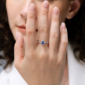 Elegant 14K Gold 0.44ct Pear Cut Blue Sapphire Halo Ring Pave Setting Certified Diamond Band Custom Fine Jewelry Engagement Ring - Product Image 2