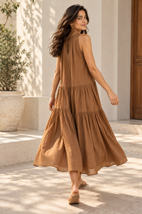 Vestido Maxi de Mujer, Color Marrón Caramelo, Sin Mangas, Cuello Redondo, Estilo Línea A, Transpirable, Lavable, 100% Algodón, Casual, para Uso Diario, Verano, Primavera - Product Image 3
