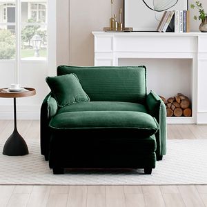 Divano singolo profondo in corduroy verde con poggiapiedi e un cuscino per soggiorno e camera da letto, ideale per diverse occasioni - Product Image 2