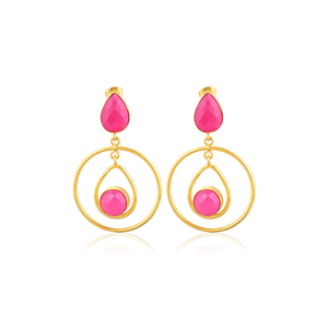Boucles d'oreilles pendantes en laiton plaqué or avec pierre précieuse calcédoine fuchsia, style vintage, bijoux faits à la main pour femmes - Product Image 1