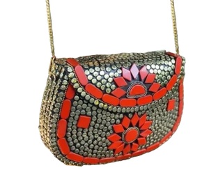 Bolso de mano circular de aleación de zinc plateado con tachuelas e incrustaciones de nácar, diseño de moda. - Product Image 5