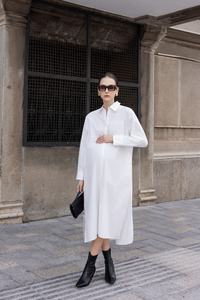 Vestido Camisero Midi Casual de Verano para Oficina, Manga Larga, Minimalista, Transpirable, Popelina 100% Algodón, Hilo Prelavado con Enzimas, Cierre de Botones al Frente - Product Image 2