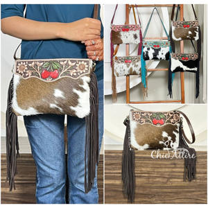 Wholesale High Quality Women Cowhide Leather <b>Large</b> Capacity Crossbody Bag Genuine Floral Leather Fashionable Fringe Shoulder Bag - Product Image 1
