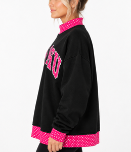 เสื้อสเวตเตอร์คอเต่าโอเวอร์ไซส์สำหรับผู้หญิง ยี่ห้อ Phi Mu สีชมพูลายจุด แต่งขอบสีดำ ผ้าฝ้ายถัก แขนยาว สวมใส่สบายๆ ในฤดูใบไม้ร่วง - Product Image 3