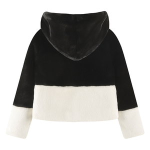 Veste courte à capuche pour femme en fausse fourrure color block, fermeture éclair, manteau chaud d'hiver à manches longues, design contrastant - Product Image 2