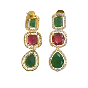 Pendientes colgantes chapados en oro con piedras de circonita verdes y rojas, diseño geométrico para mujer, joyería de fiesta - Product Image 5