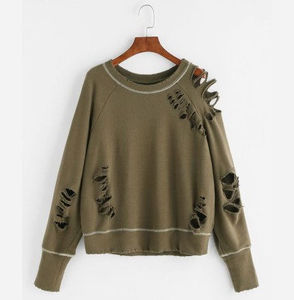 เสื้อไหมพรมคอวีทรงโอเวอร์ไซส์ แต่งลายปัก ลุคทำสีซีดสไตล์วินเทจ สีพื้น ผ้าฝ้ายถัก ทรงปกติ แขนยาว - Product Image 2
