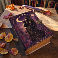 Grand carnet fait main en cuir véritable imprimé sorcellerie, Grimoire de la Lune, Livre de sorts, 400 pages, 8x6 pouces