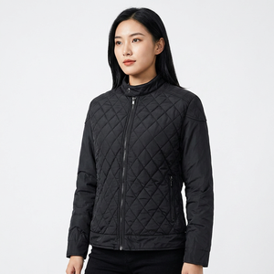 Men's Black <b>Quilted</b> Jacket Stand Collar Zipper Windproof Polyester Wadding Autumn Regular Fit - Product Image 3