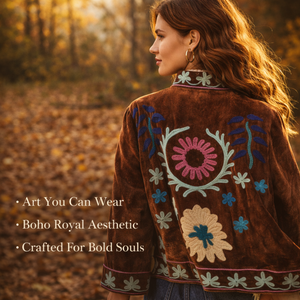 Chaqueta de terciopelo bordada a mano para mujer, cuello alto, bordado floral, forro de algodón - Product Image 4