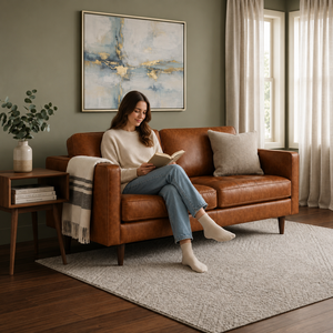 Sofá Loveseat de Cuero Genuino Estilo Mid-Century Moderno, Respaldo Firme, Brazos Cuadrados, Patas de Madera, Mueble para Sala de Estar - Product Image 5