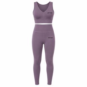 Women Plus Size Solid Purple Scoop Neck Racerback Sports Bra 2 Piece for Yoga Set Mid Waist Sleeveless Full Length Leggings - Product Image 1
