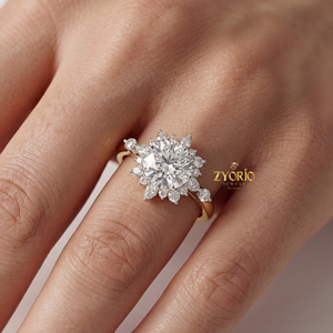 Bague de fiançailles de luxe en or 14K 18K avec halo floral de diamants ronds cultivés en laboratoire, certifiée IGI, bijoux de mariée pour femmes - Product Image 5